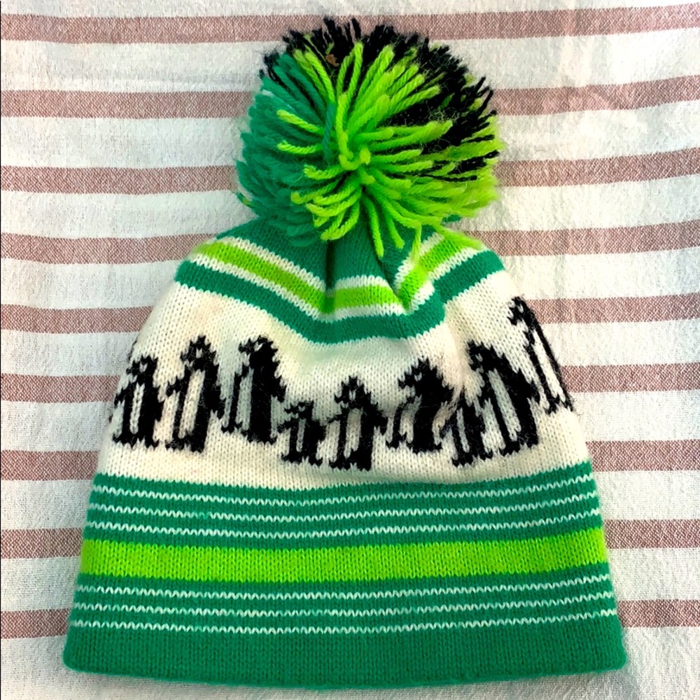Vintage Winter Hat Pompom Penguins Green Stripes